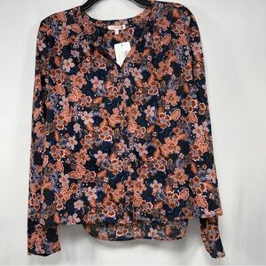 Boho Floral Sundry Navy Blue Cotton Puff Sleeve Button Down Top Size 3